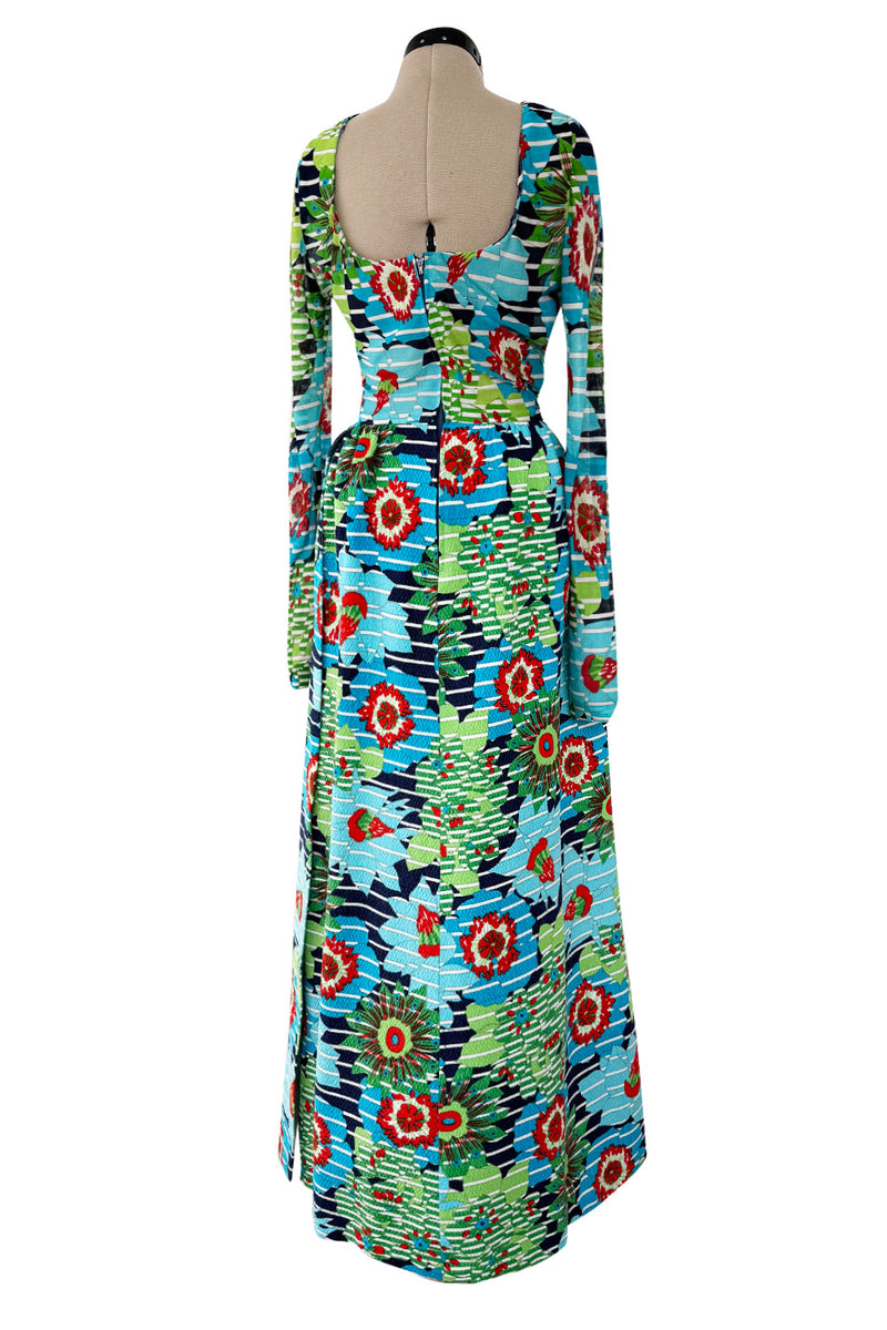 Prettiest c1972 Lanvin by Jules-Francois Crahay Printed Silk Jersey & Waffle Weave Low Back Dress