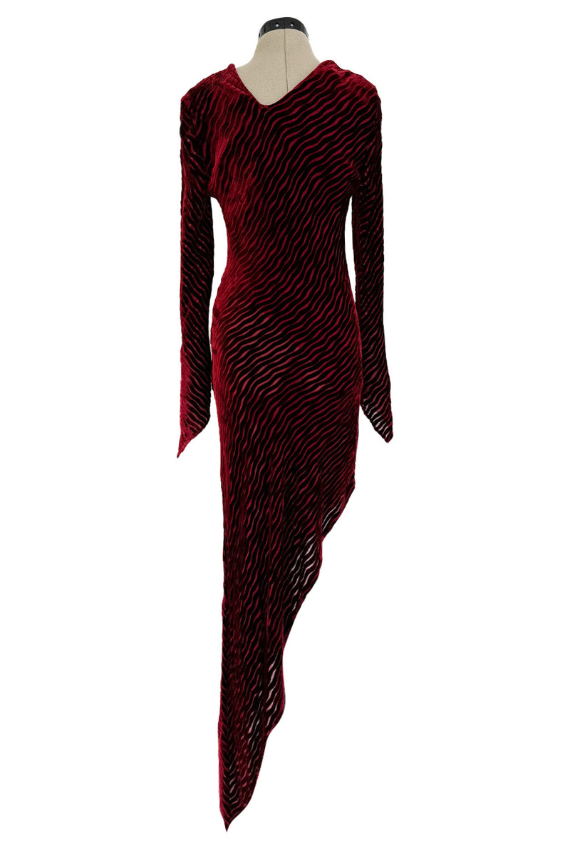 Fall 1994 Karl Lagerfeld Runway Deep Red Cut Velvet Bias Cut Dress w Angled Hem