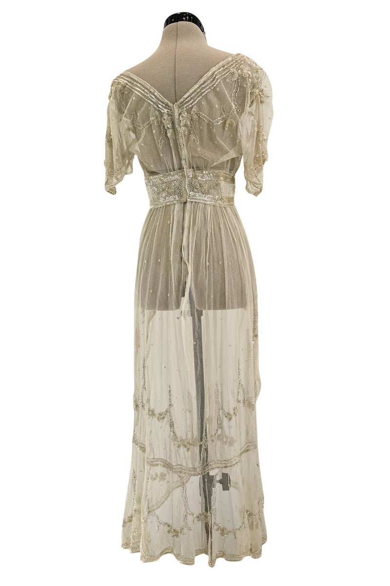 Beautiful 1910 Unlabeled Heirloom Ivory Net Wedding Dress w Elaborate Sequin & Bead Work