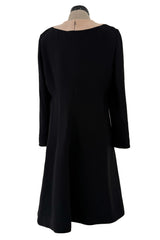 c. 1972 Pierre Cardin Black Wool Swing Dress w Taupe Inset & Glossy Black Buttons