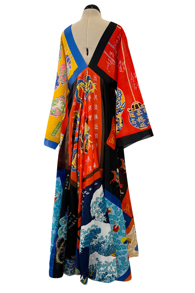 Iconic 1972 LaVetta Multi Scarf Printed Silk Caftan Dress w Wide Sleeves