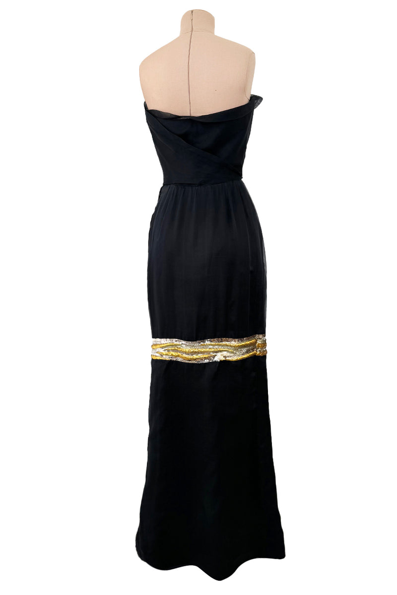 Spring 1979 Givenchy Haute Couture Runway Black Silk Chiffon Strapless Dress w Gold Sequin Bow Dress