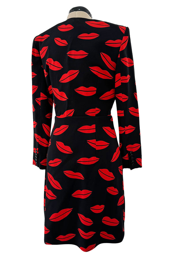 Iconic Spring 2014 Saint Laurent by Heidi Slimane Black & Red Lip Print Silk Wrap Dress