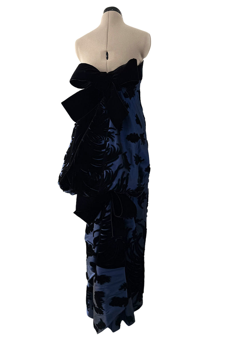 Incredible Fall 1987 Bill Blass Runway Deep Blue Silk & Black Velvet Dress w Back Bustles & Bows