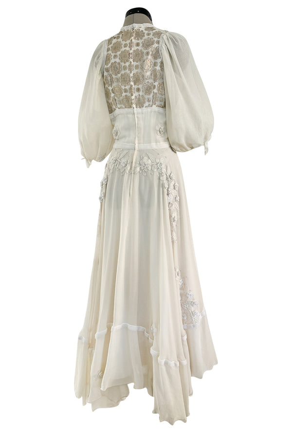 Rare 1969-75 Thea Porter Couture Embroidered Silk Organza & Gold Metallic Dress w Balloon Sleeves