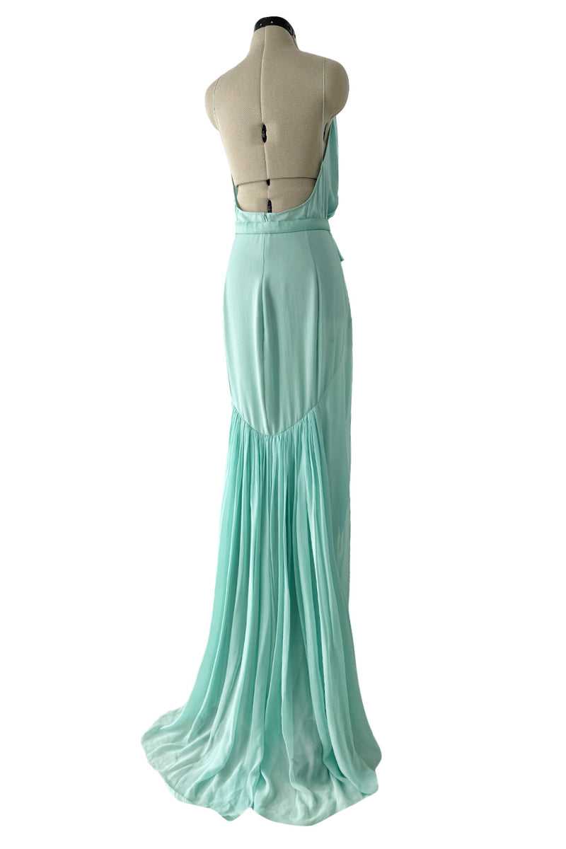 Stunning 2000s Valentino Roma Turquoise Silk Chiffon Dress W Front Slit & Open Back