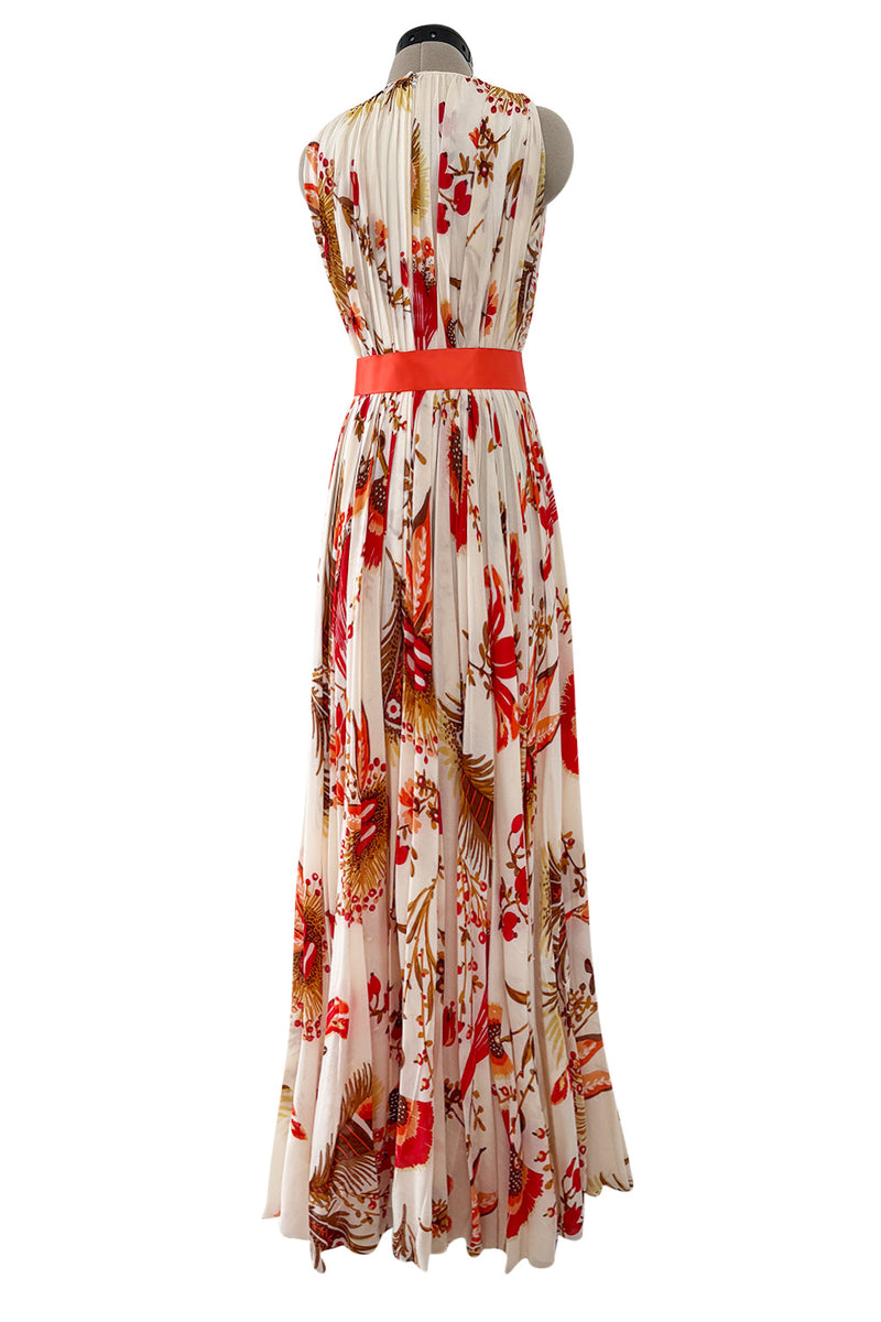 Prettiest 1980s Bill Blass Pleated Silk Chiffon Dress w Coral Flower & Fern Print