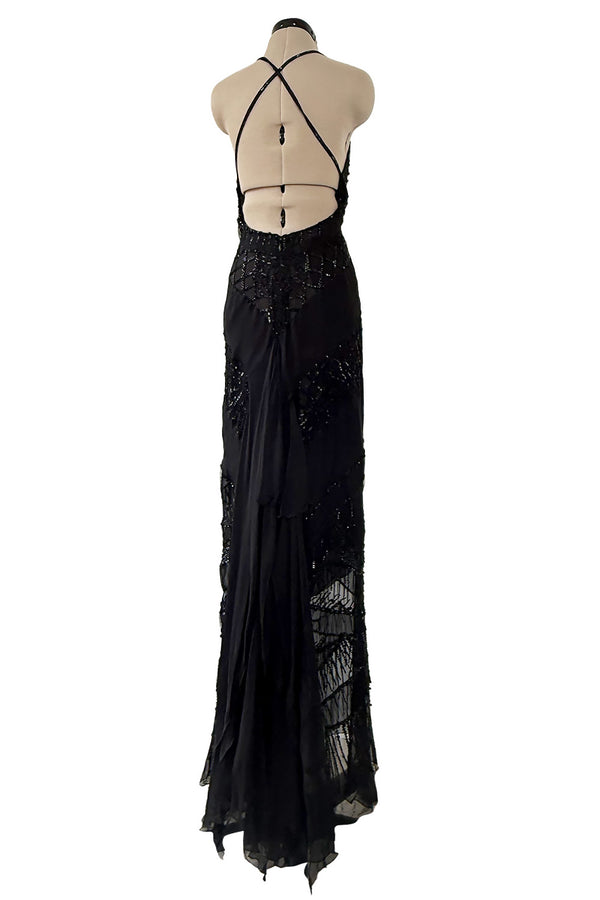 Gorgeous Fall 2003 Valentino Densely Beaded Bias Cut Black Silk Chiffon Dress