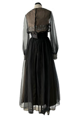 Dreamy 1960s Roger Freres Black Silk Organza Dress w Rhinestone Detailing