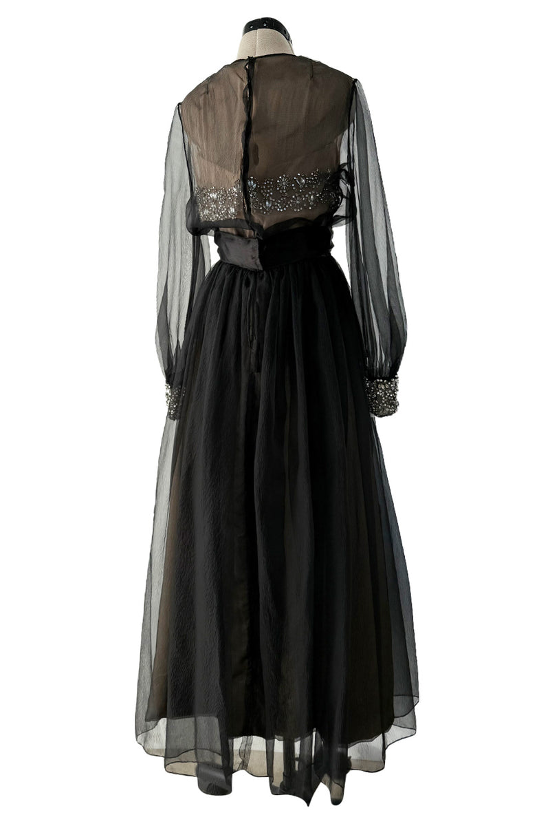 Dreamy 1960s Roger Freres Black Silk Organza Dress w Rhinestone Detailing