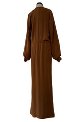 Amazing 1970s James Galanos Couture Brown & Black Navy Silk Crepe Front Slit Dress