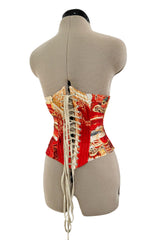 Amazing Spring 2003 Roberto Cavalli Printed Silk Lace Up Corset with Metal Stays & Hook Front