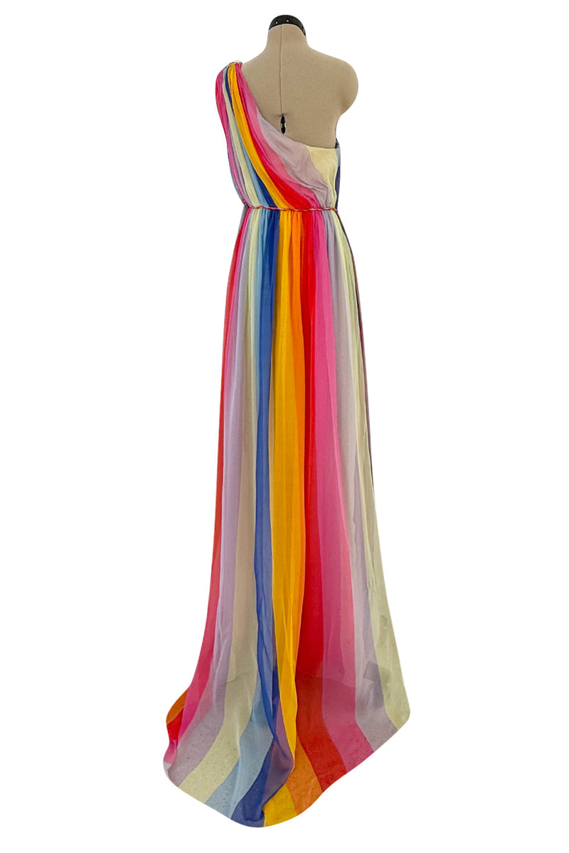 Resort 2019 Carolina Herrera by Wes Gordon Look 7 One Shoulder Rainbow Stripe Silk Chiffon Dress