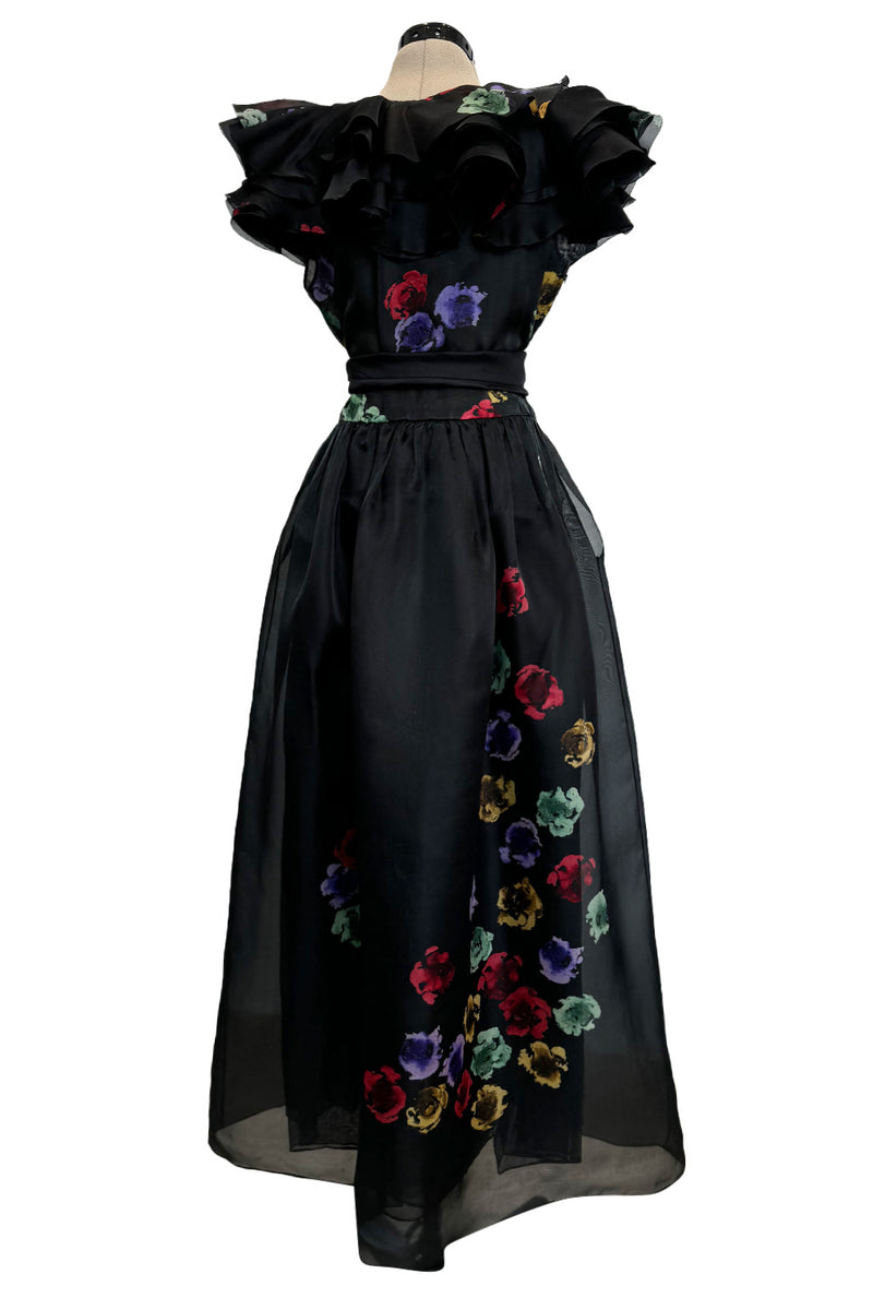 Prettiest 1960s Possible Christian Dior Floral Print Silk Organza Dress w Ruffled Shoulders