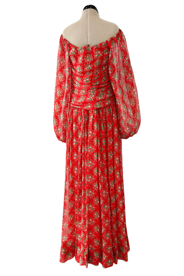 Dreamy Spring 1977 Givenchy Well Documented Off-Shoulder Floral Print Silk ChiffonDress