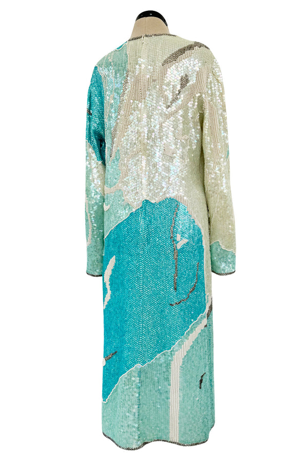 Spectacular 1983 Halston Well Documented Pastel Blues, Turquoise & Ivory Sequin Sheath Dress