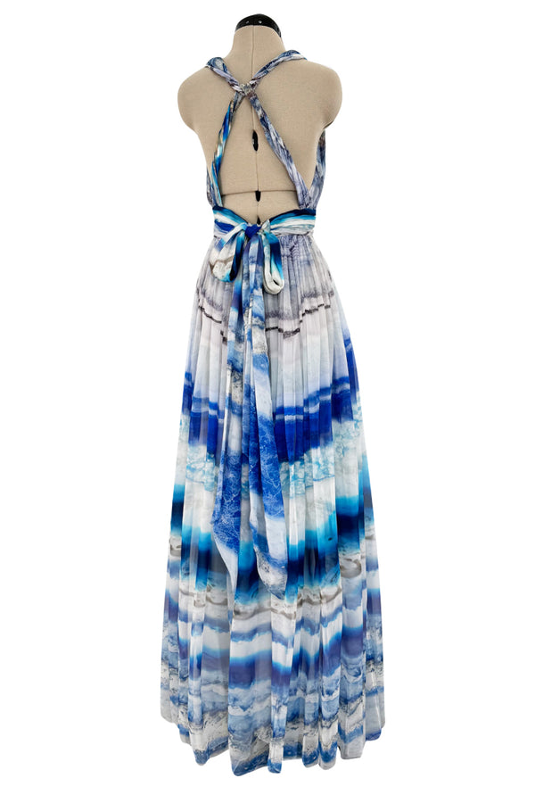 Amazing 2009-2010 Alexander McQueen Silk Chiffon Blue Agate Print Dress w Plunge Front & Open Back