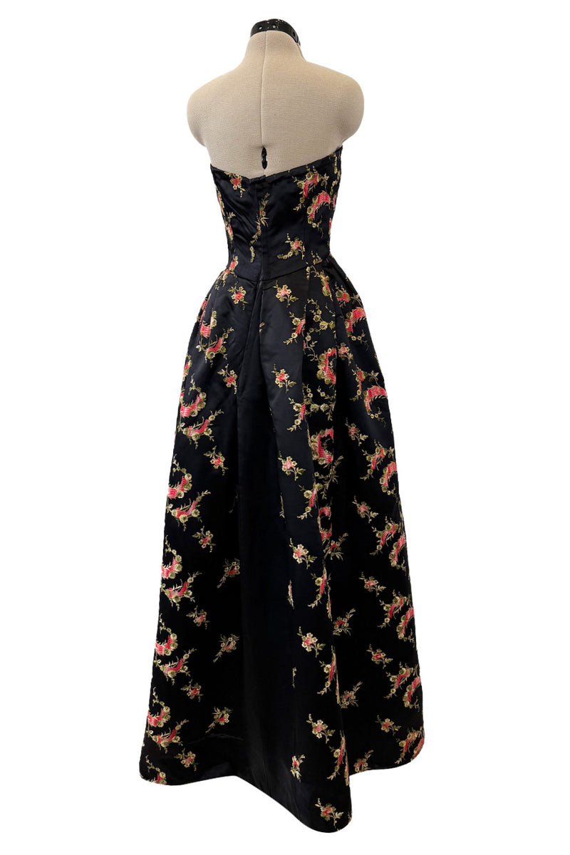 Dreamy 1960s Unlabeled Strapless Black Dress w Front Pink Panel &  Floral Embroidery