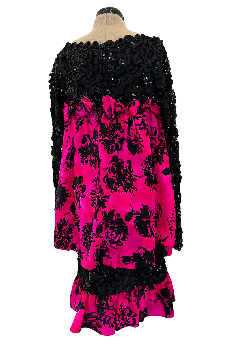 Dramatic Fall 1987 Yves Saint Laurent Runway Pink & Floral Silk Dress w Lace & Sequin Detail