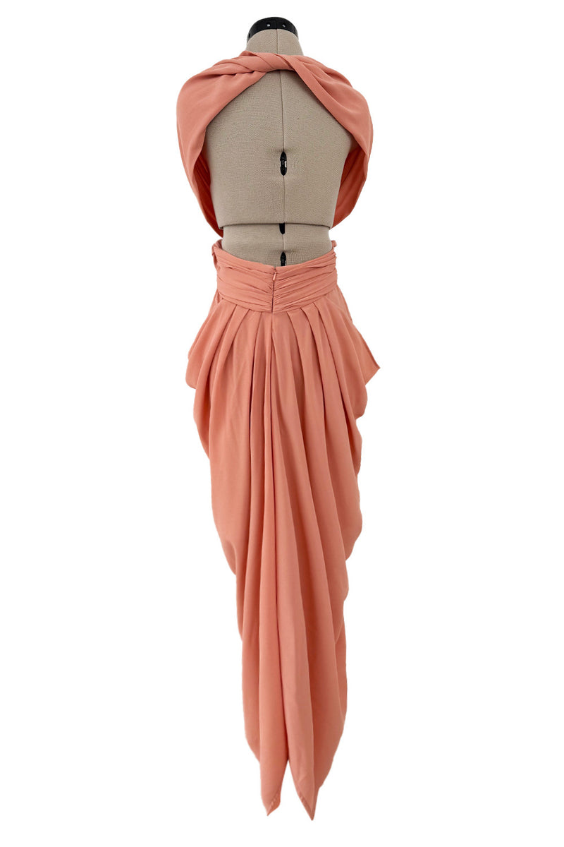 1990s Gianni Versace Pale Pastel Salmon Silk Crepe Wrapped Bodice & Bare Back Dress