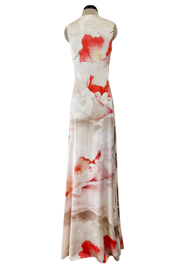 Beautiful 2010 Alexander McQueen Draped Silk Dress w Oversized Soft Floral Print & Deep Front Plunge