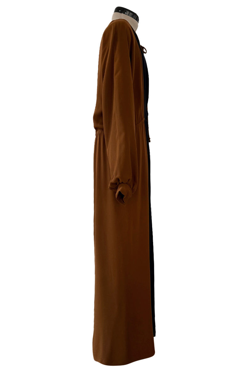 Amazing 1970s James Galanos Couture Brown & Black Navy Silk Crepe Front Slit Dress