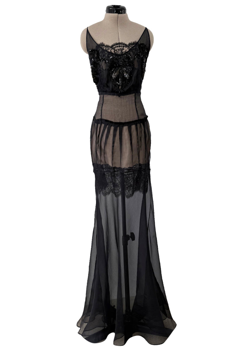 c.2006 John Galliano Black Silk Organza & Lace Dress w Elaborate Sequin Detailing