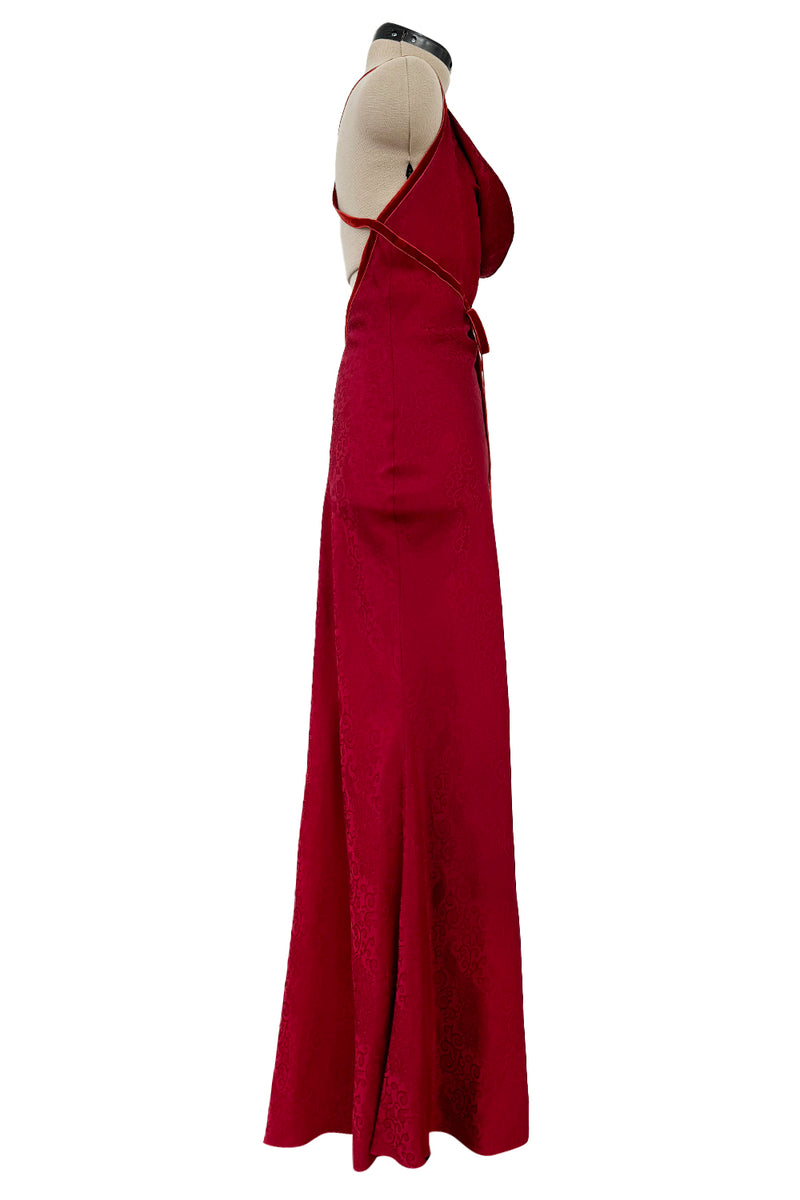 Fall 1999 John Galliano Deep Red Patterned Silk Bias Cut Backless Dress w Velvet Ribbon Details