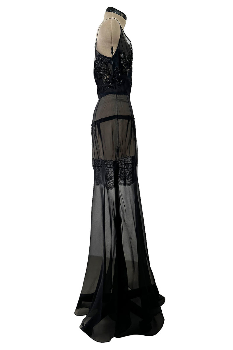 Fabulous c2006 John Galliano Black Silk Organza & Lace Dress w Sequin Detailing