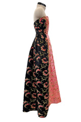 Dreamy 1960s Unlabeled Strapless Black Dress w Front Pink Panel &  Floral Embroidery