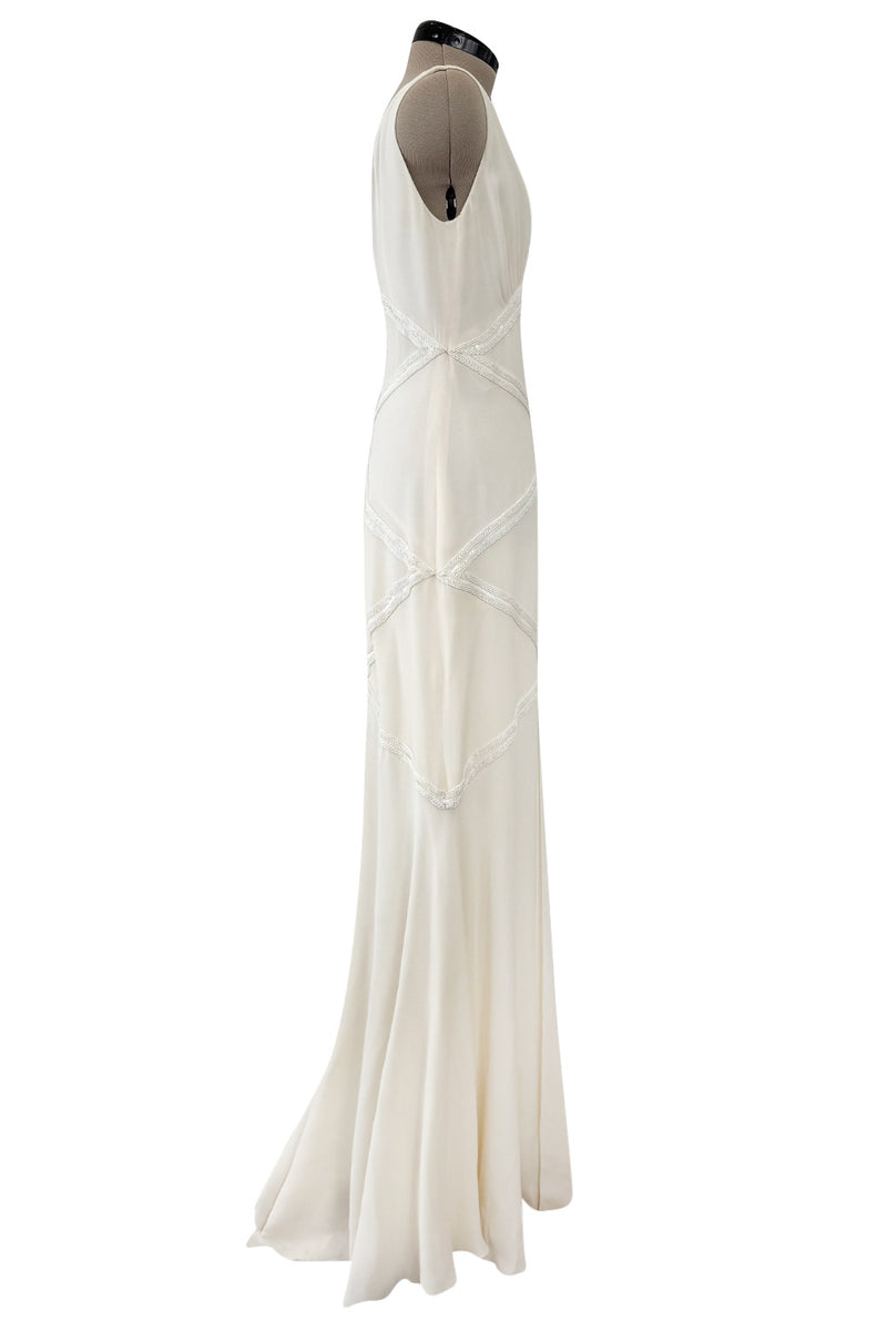 Gorgeous 2000s Valentino Bias Cut Ivory Silk Dress Dress w Beading Detail & Chiffon Skirt