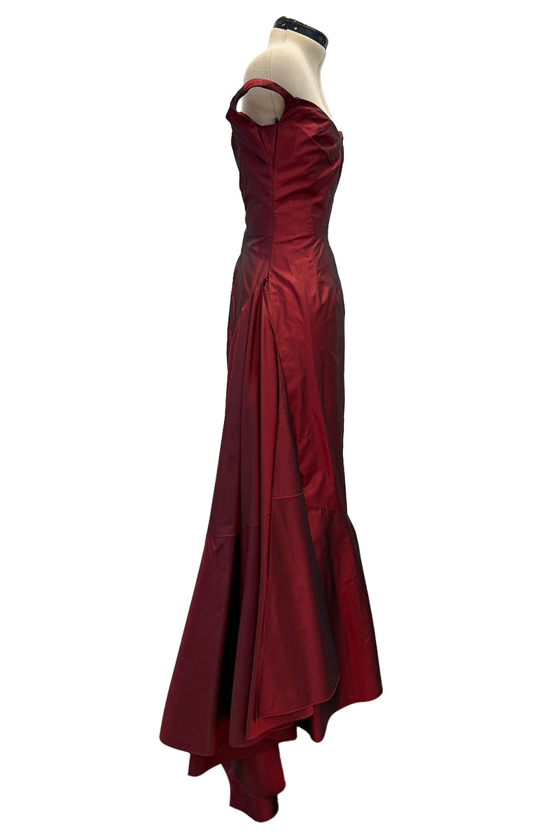 Magnificent Rare Fall 2000 John Galliano Deep Burgundy Red Silk Taffeta Corset Dress w Extended Panel