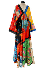 Iconic 1972 LaVetta Multi Scarf Printed Silk Caftan Dress w Wide Sleeves