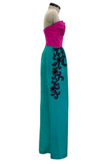 Resort 2016 Oscar de la Renta Look 34 Emerald Green & Pink Strapless Dress w Applique Work