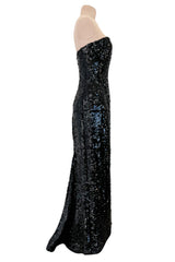 Incredible 1980s Bob Mackie Strapless Black Sequin Dress w Slight Train