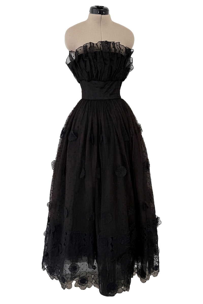 Prettiest 1960s Arnold Scaasi Black Strapless Dotted Net Dress w Flower Appliques