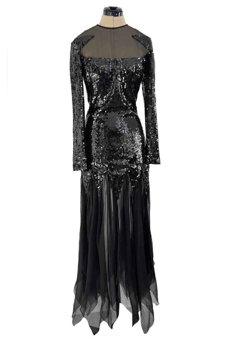 1973 Loris Azzaro Couture Black Sequin & Silk Chiffon Insets Dress w Pointed Hem