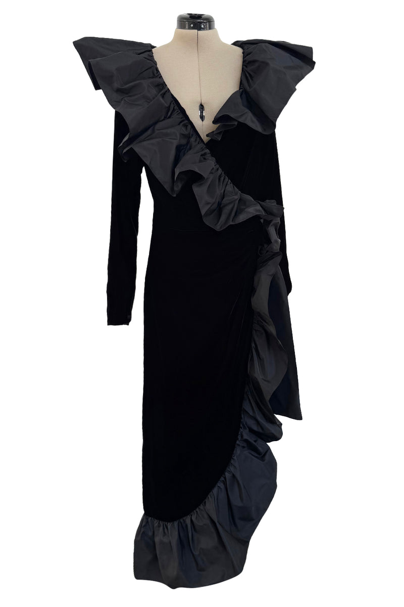 Amazing Fall 1984 Yves Saint Laurent Runway Silk Taffeta Ruffle & Velvet Wrap Dress