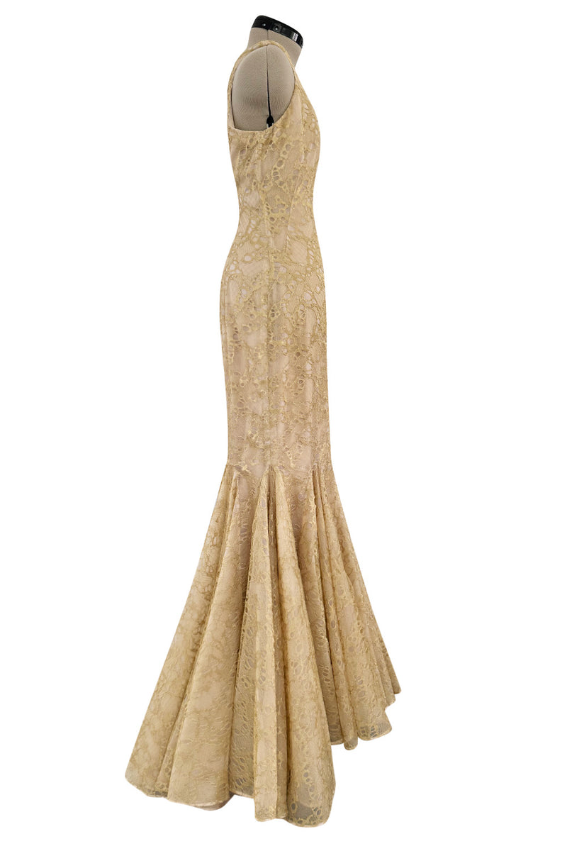 Incredible Spring 2012 Alexander McQueen by Sarah Burton Gold Lace Dress w Full Lower Skirting