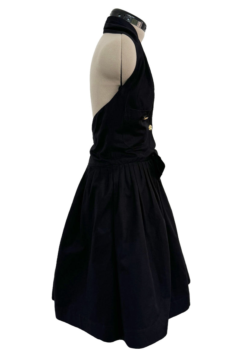 Gorgeous Little 1980s Chanel by Karl Lagerfeld Black Cotton Halter Dress w Full Skirt