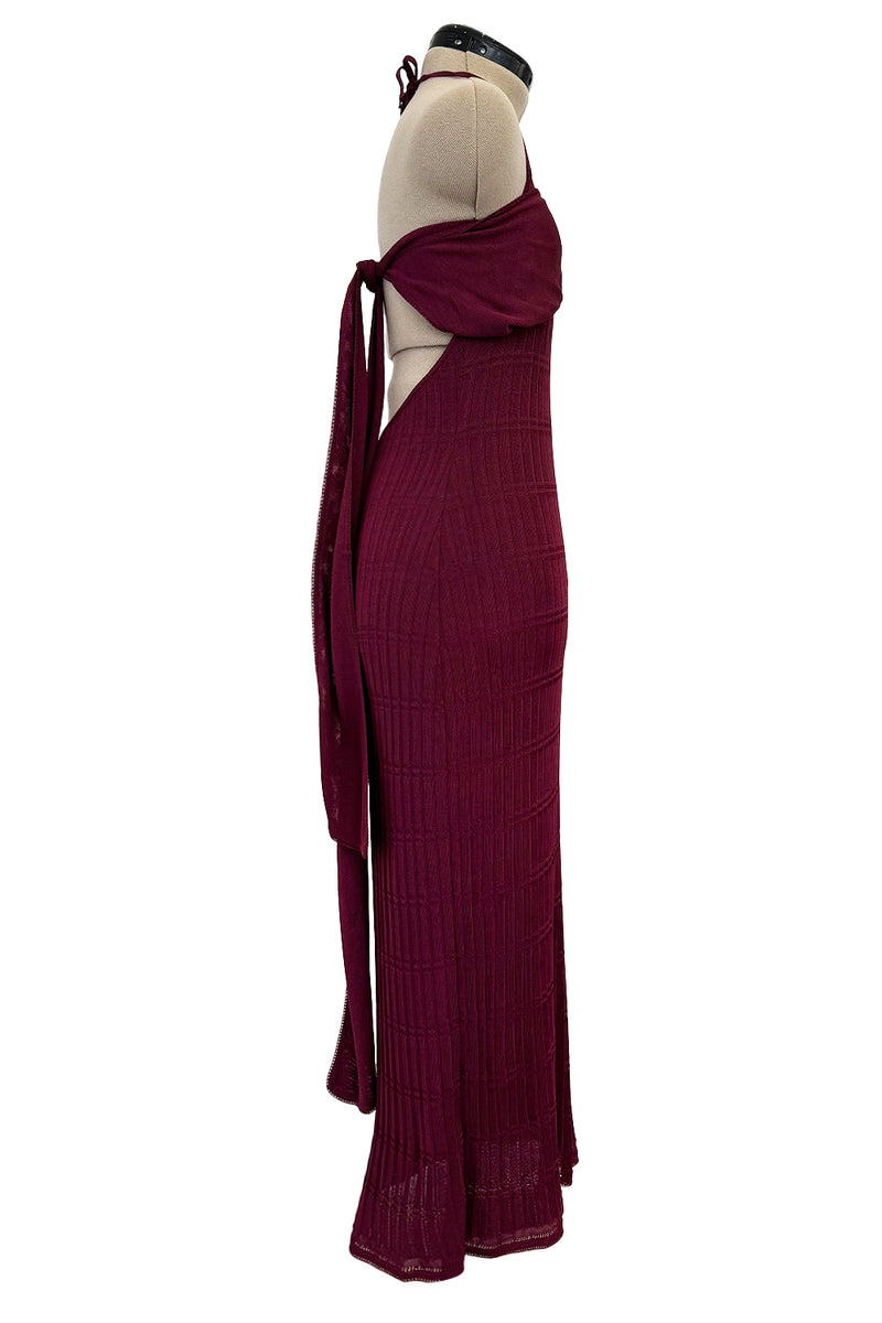 Fantastic Fall 1997 John Galliano Mid Calf Deep Burgundy Knit Dress w Tie Back