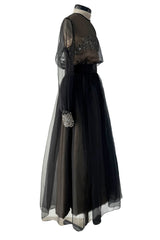 Dreamy 1960s Roger Freres Black Silk Organza Dress w Rhinestone Detailing