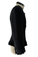 Spring 2006 Chanel by Karl Lagerfeld Woven Black Boucle Jacket w Fringe