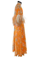 Exquisite 1960s Harry Algo printed Peach Silk Chiffon Dress w Feather Detailing