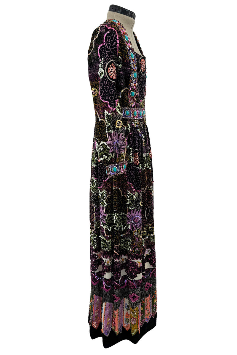 Amazing 1970s Valentina Inc. Elaborate Sequin & Bead on Printed Felt Dress