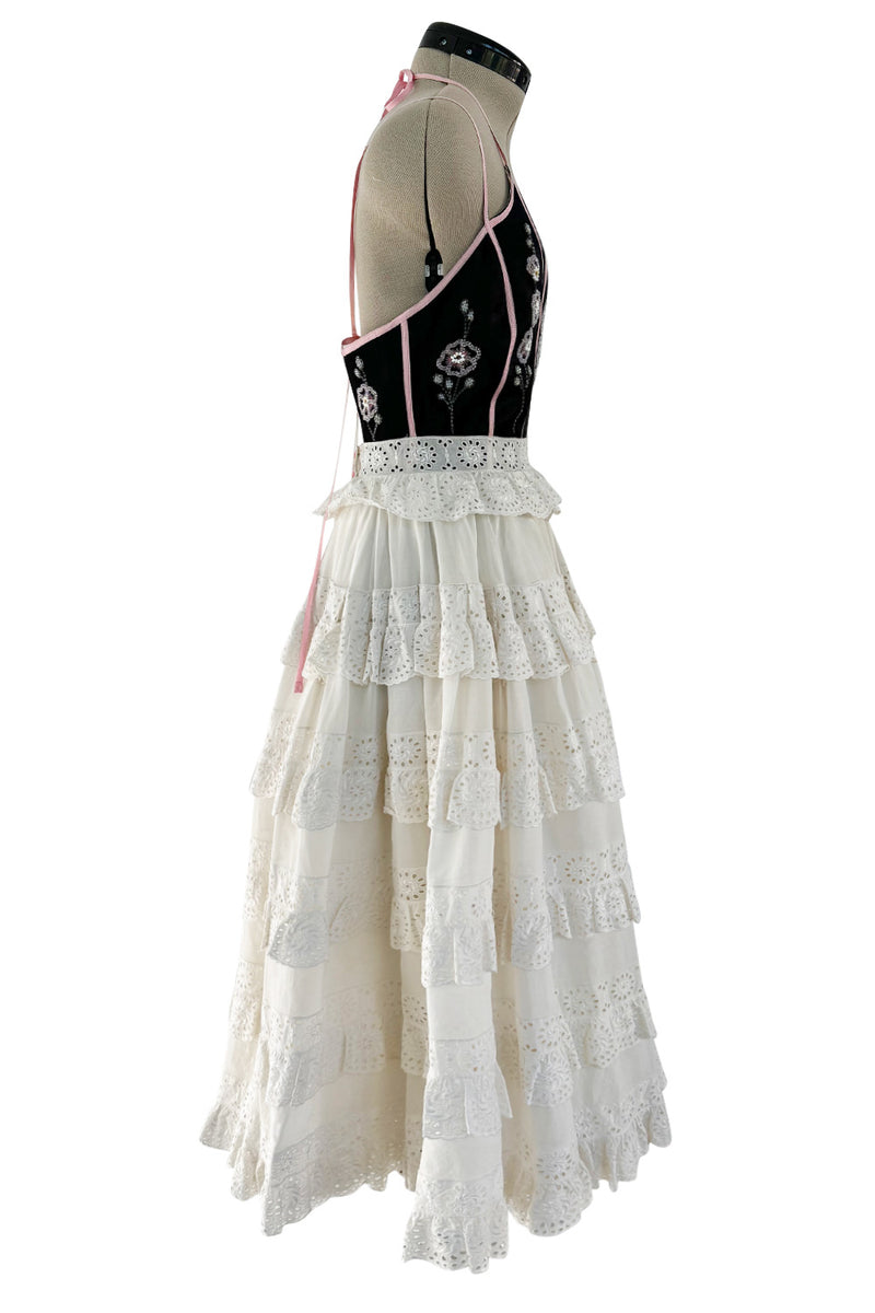 Rare Spring 1977 Bill Gibb "Flowers & Lace" Collection Beaded Halter Ruffle Dress