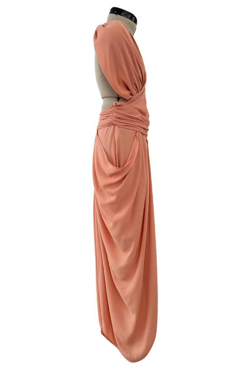 1990s Gianni Versace Pale Pastel Salmon Silk Crepe Wrapped Bodice & Bare Back Dress