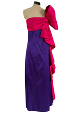 Spring 1984 Bill Blass Runway Purple Silk Dress w One Shoulder Bow & Long Ruffle