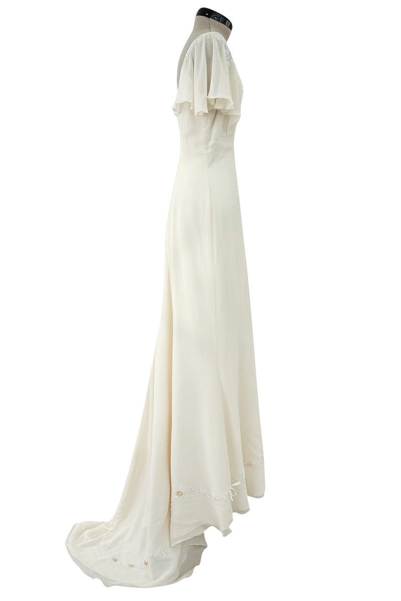 Pretty 2000s Blumarine Sposa Ivory Cape Sleeve Wedding Dress w Train & Emrpoidery