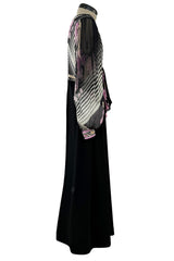 Prettiest 1970s Leonard Paris Printed Silk & Black Jersey Dress w Plunge Front